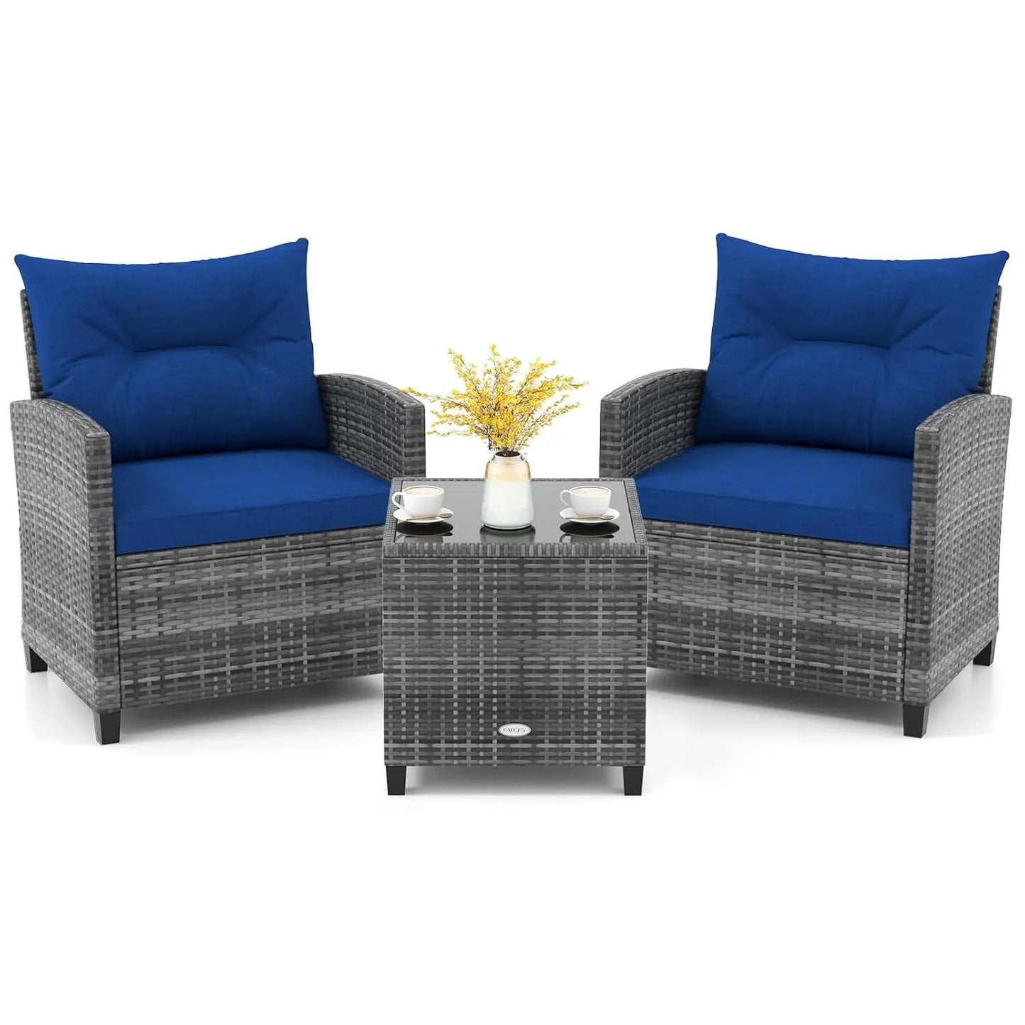 Modern 3 Piece Outdoor Patio Conversation Set with Cushioned Chairs and Coffee Table