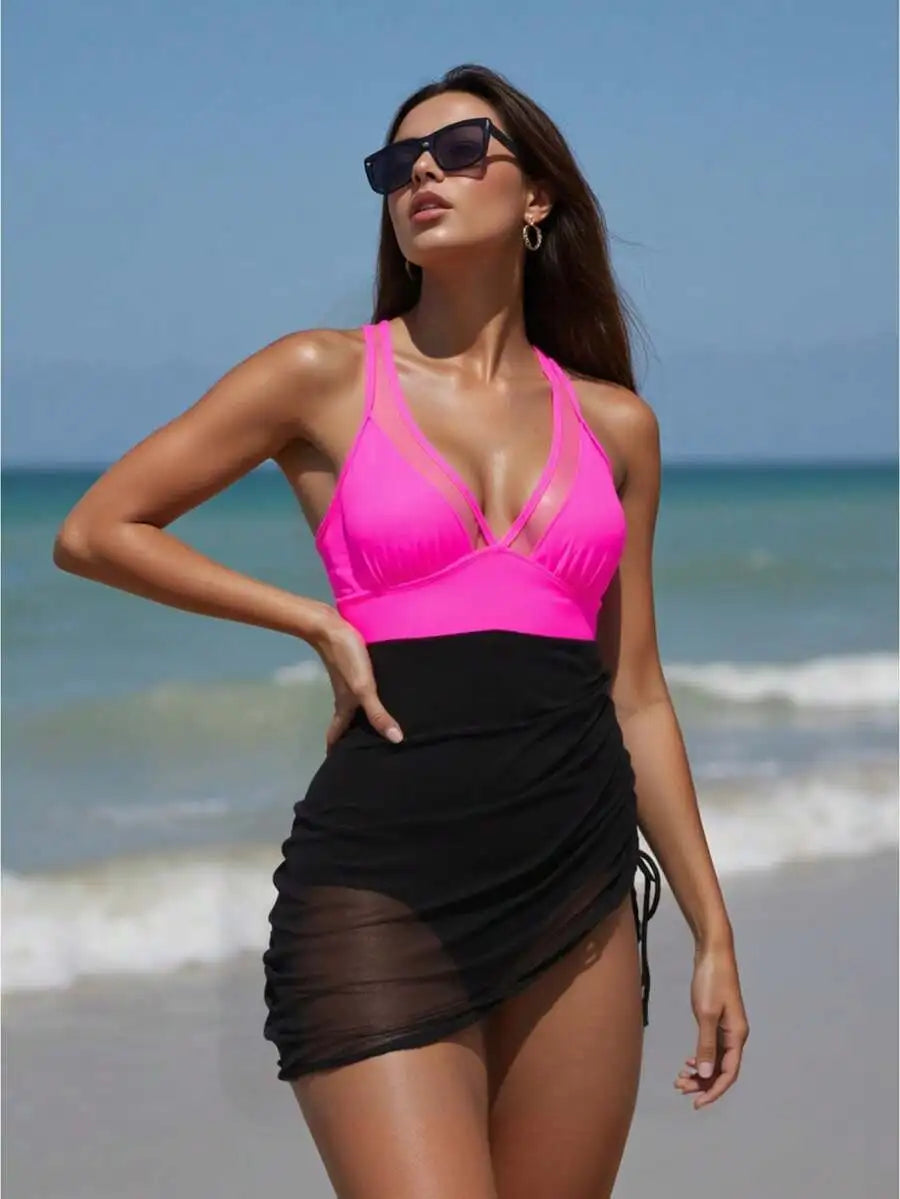 Women’s Olive Green Ruched Swim Dress | Tummy Control V-Neck One-Piece Swimsuit with Built-In Shorts