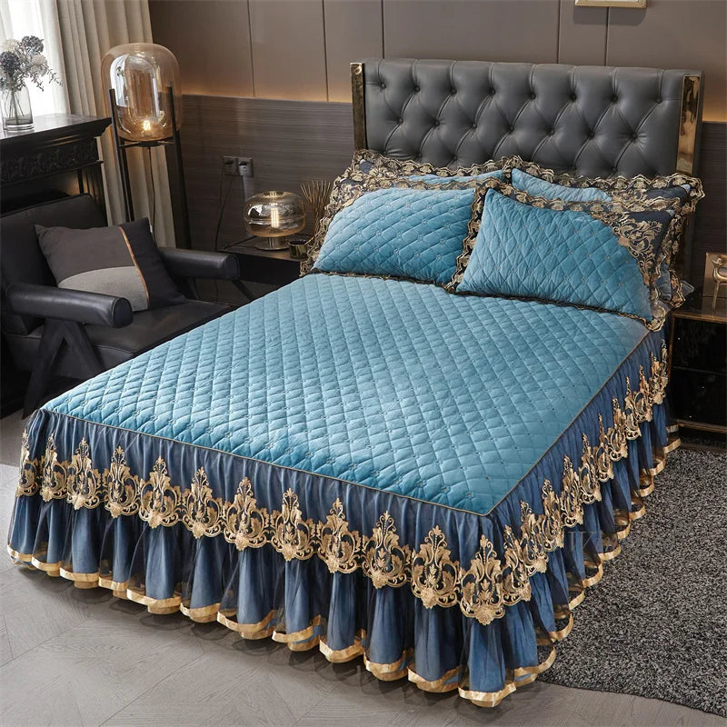 AIWINSURE-European Lace Velvet Bedspread Set, King Size, Queen Thickened Bed Cover, Soft Bed Skirt, Luxury, with 2 Pillowcases