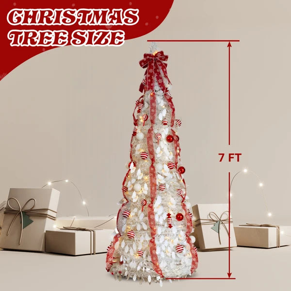 7 FT Fully Decorated Pre-lit Christmas Tree, Pop Up Artificial Xmas Tree with 170 Warm Lights and Red Ornaments for Home Office Store Holiday Deco, White