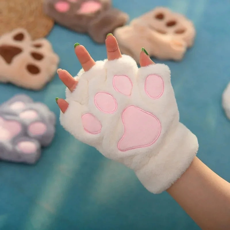 Lovely Plush Cat Claw Paw Gloves Short Fingerless Mittens