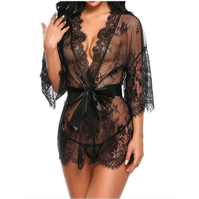 Women's Sheer Lace Mini Nightdress – Floral Mesh Baby doll Lingerie with Matching Panties