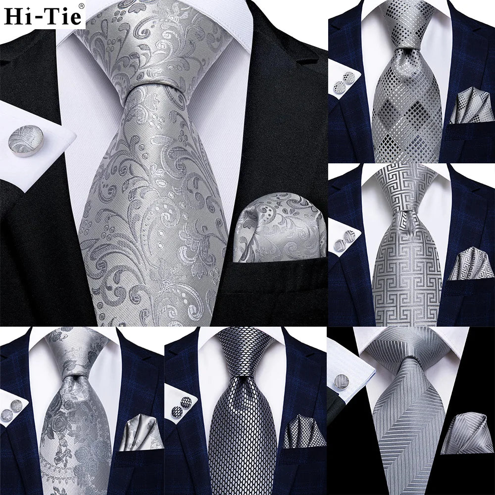 Hi-Tie Luxury Silver Men’s Necktie Set with Pocket Square & Cufflinks | Wedding, Business & Formal Events