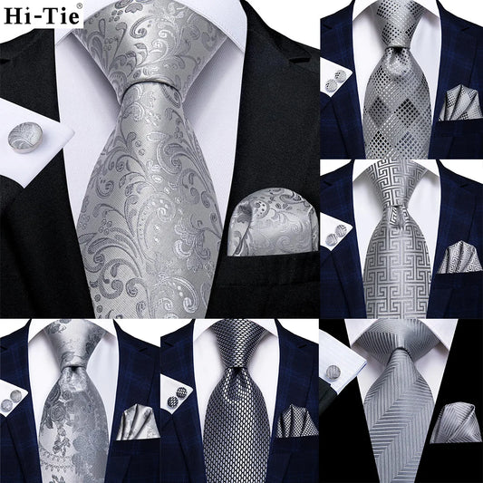 Hi-Tie Luxury Silver Men’s Necktie Set with Pocket Square & Cufflinks | Wedding, Business & Formal Events
