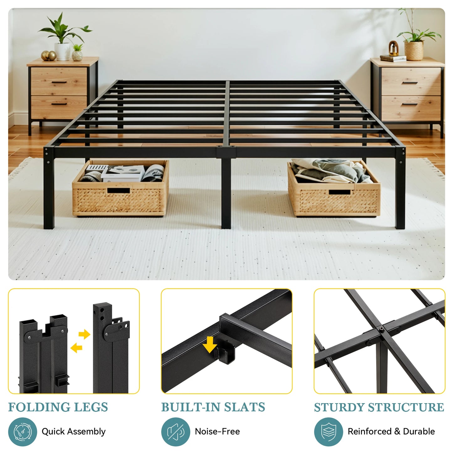 Heavy Duty Metal Bed Frame with Under Bed Storage