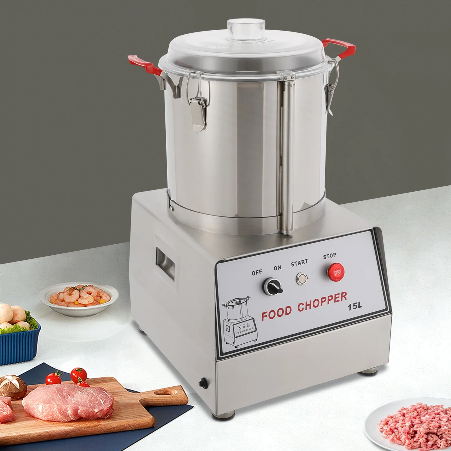 15L 201 Stainless Steel Silver Food Processor Chopping Machine 110V ,Tabletop 1400rpm for Restaurants, Cafeterias