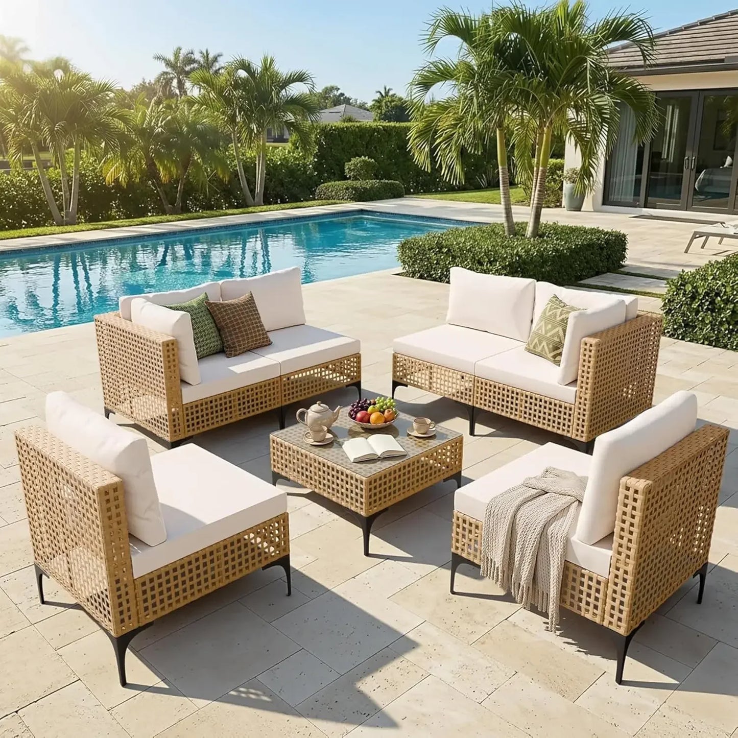 Devoko 7 Piece Outdoor Wicker Sectional Patio Furniture Set with Cushioned Seating