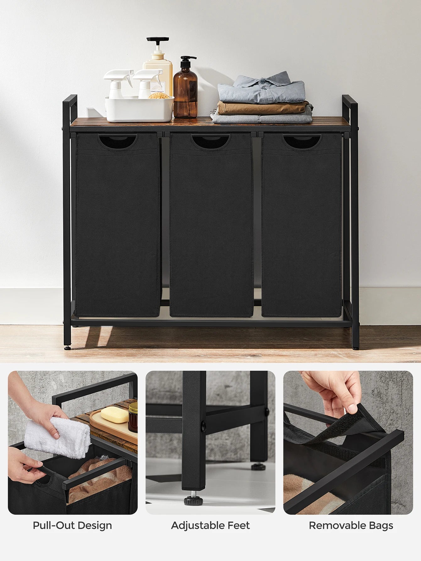 3-Bag Laundry Sorter with Rustic Wood Top. Large Laundry Hamper