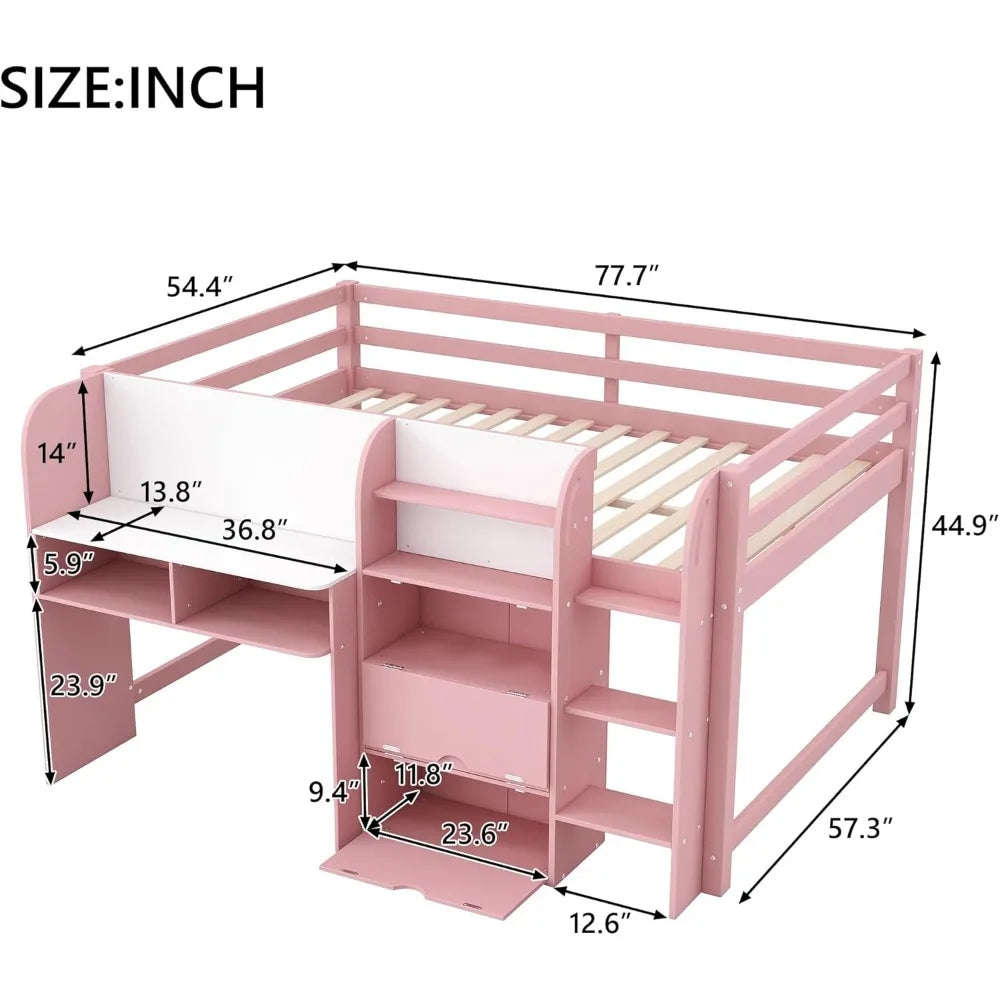 Full Size Low Loft Bed,Kids Loft Bed with Storage Cabinets and Open Bookcase,No Box Spring Need, Solid Wood Low Loft Bed Frame .