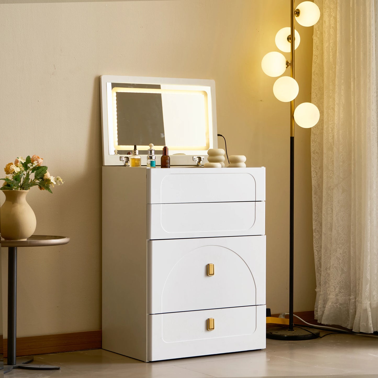 3-in-1 Dresser with Flip-Up Mirror and Light, Small Dresser Set with Visible Glass Tabletop, 3 Drawers, Storage Bench, 3-Color I