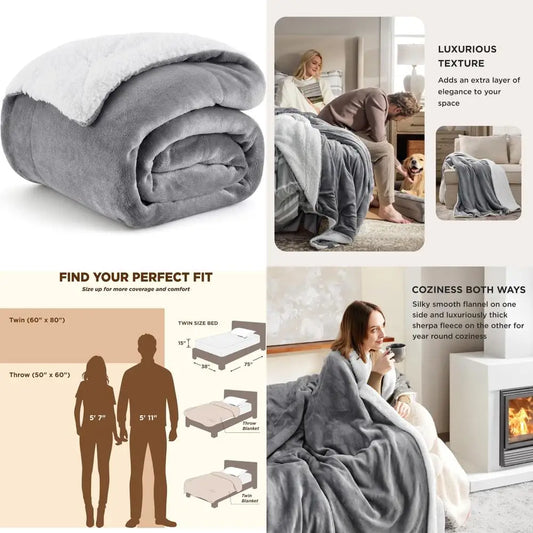 sherpa fleece throw blanket for couch - thick and warm blanket for winter, soft fuzzy plush throw gift for women, grey, 50x60 i
