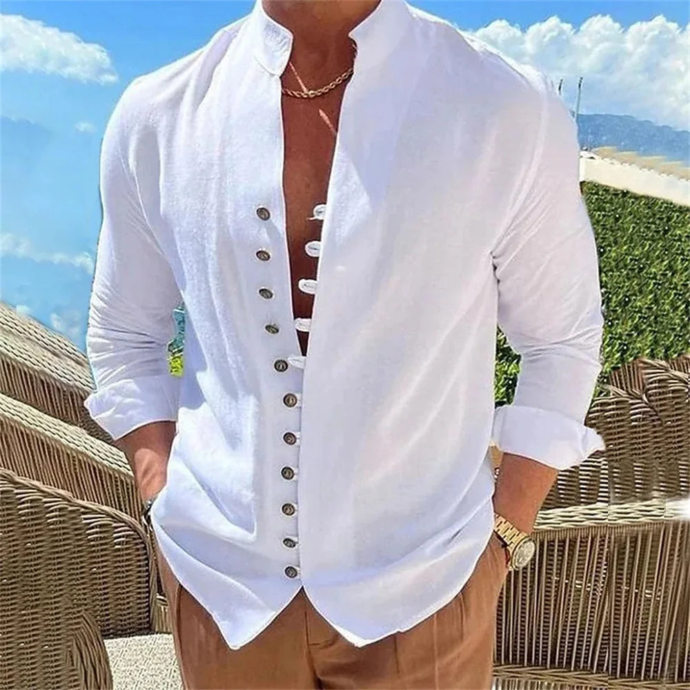 Men’s Cotton Linen Beach Shirt . Casual Long Sleeve Summer Button Up