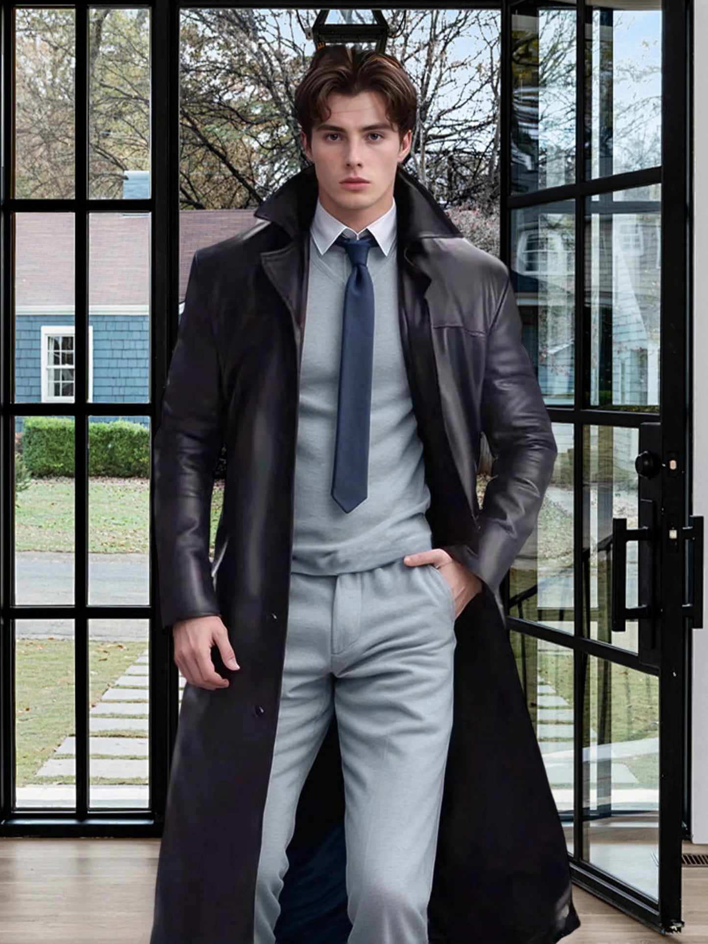 Men s Faux Leather Jacket Classic Lapel Collar Long Sleeve Button Closure Windproof Coat for Fall Winter Wardrobe
