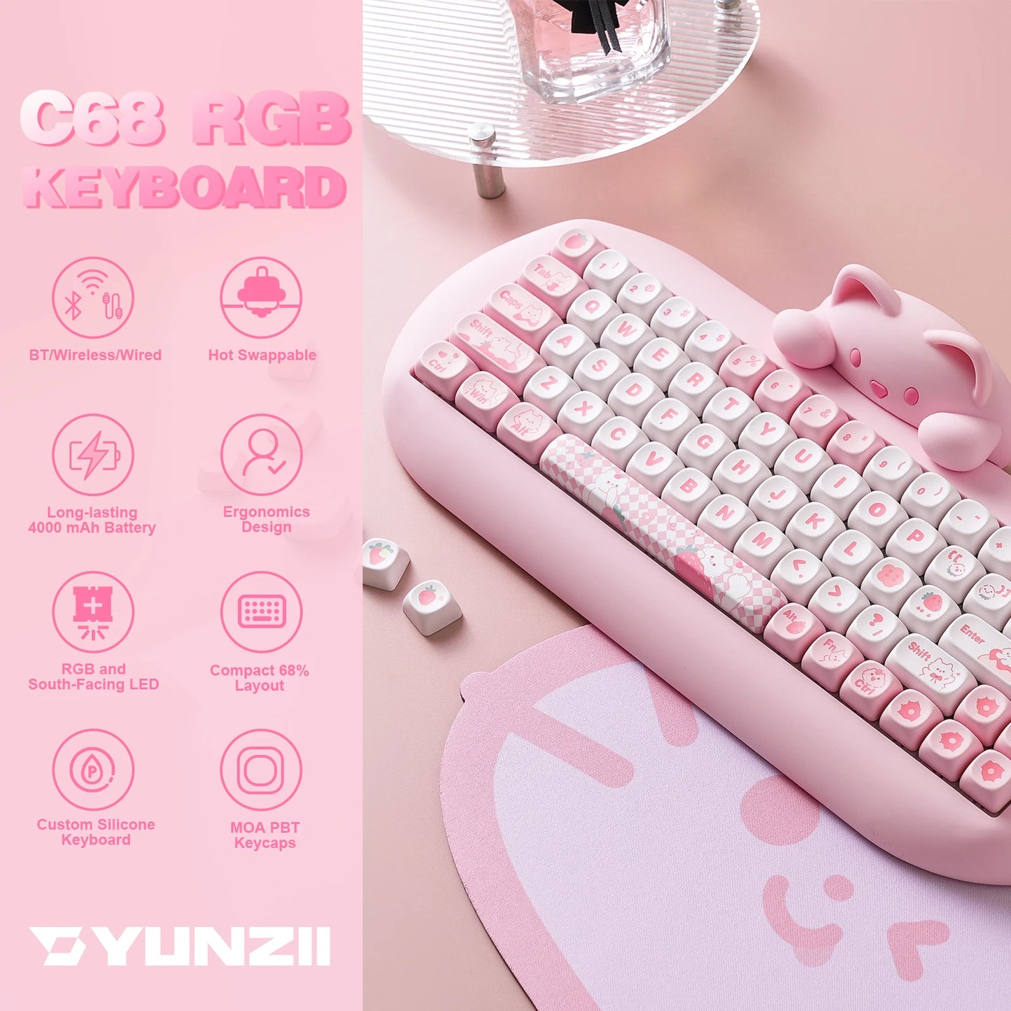 YUNZII C68 Wireless RGB Mechanical Keyboard .Cute Cat Edition