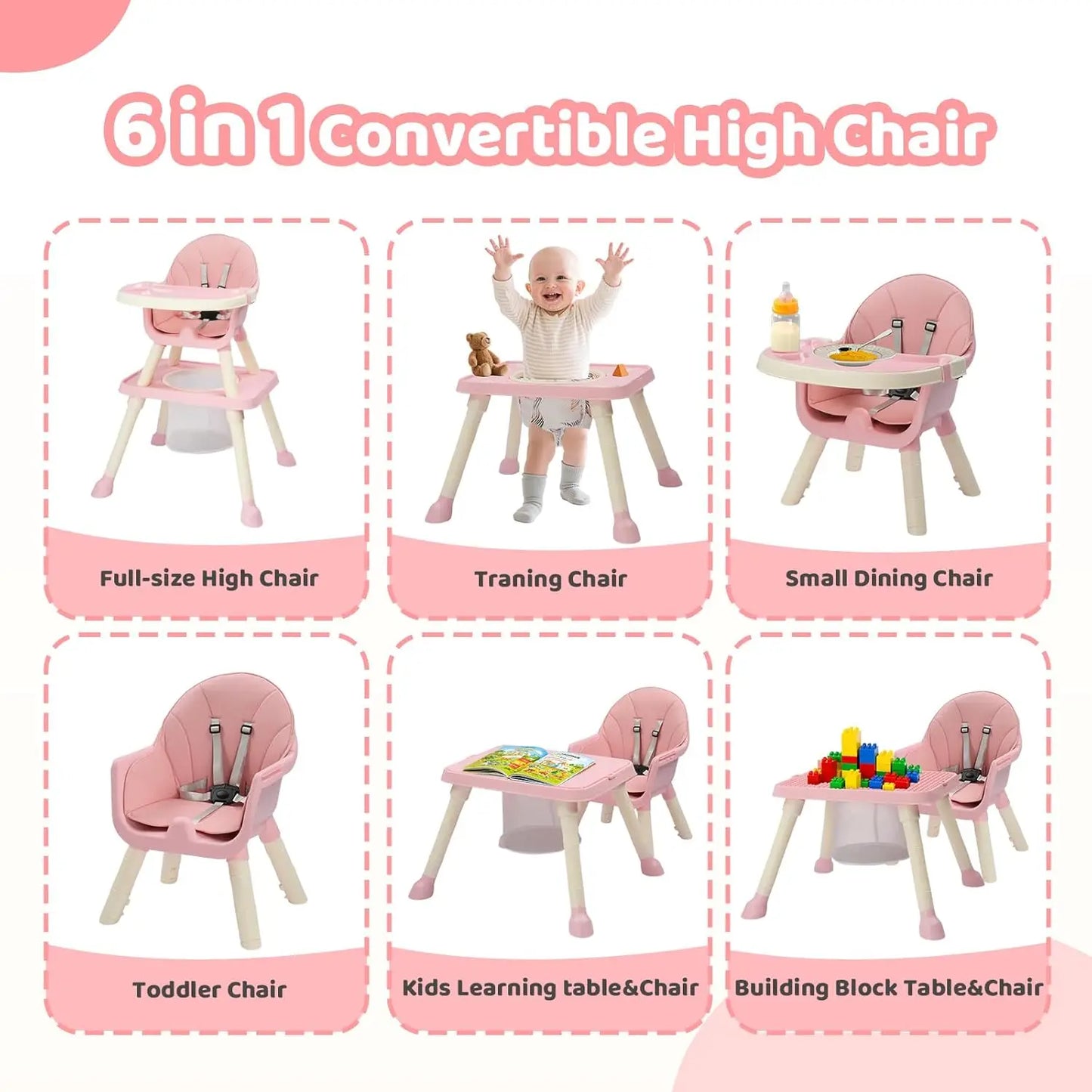 7-in-1 Convertible Baby High Chair & Toddler Feeding Chair with Storage Basket .