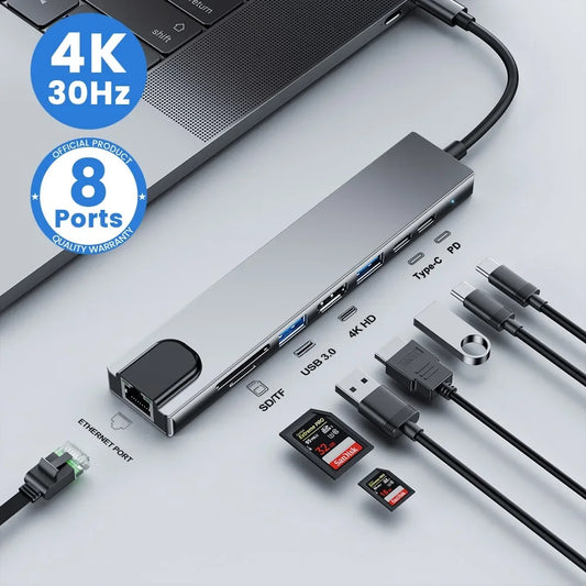 8-in-1 USB-C Hub Adapter with 4K HDMI, RJ45 Ethernet, SD/TF Card Reader & Fast Charging