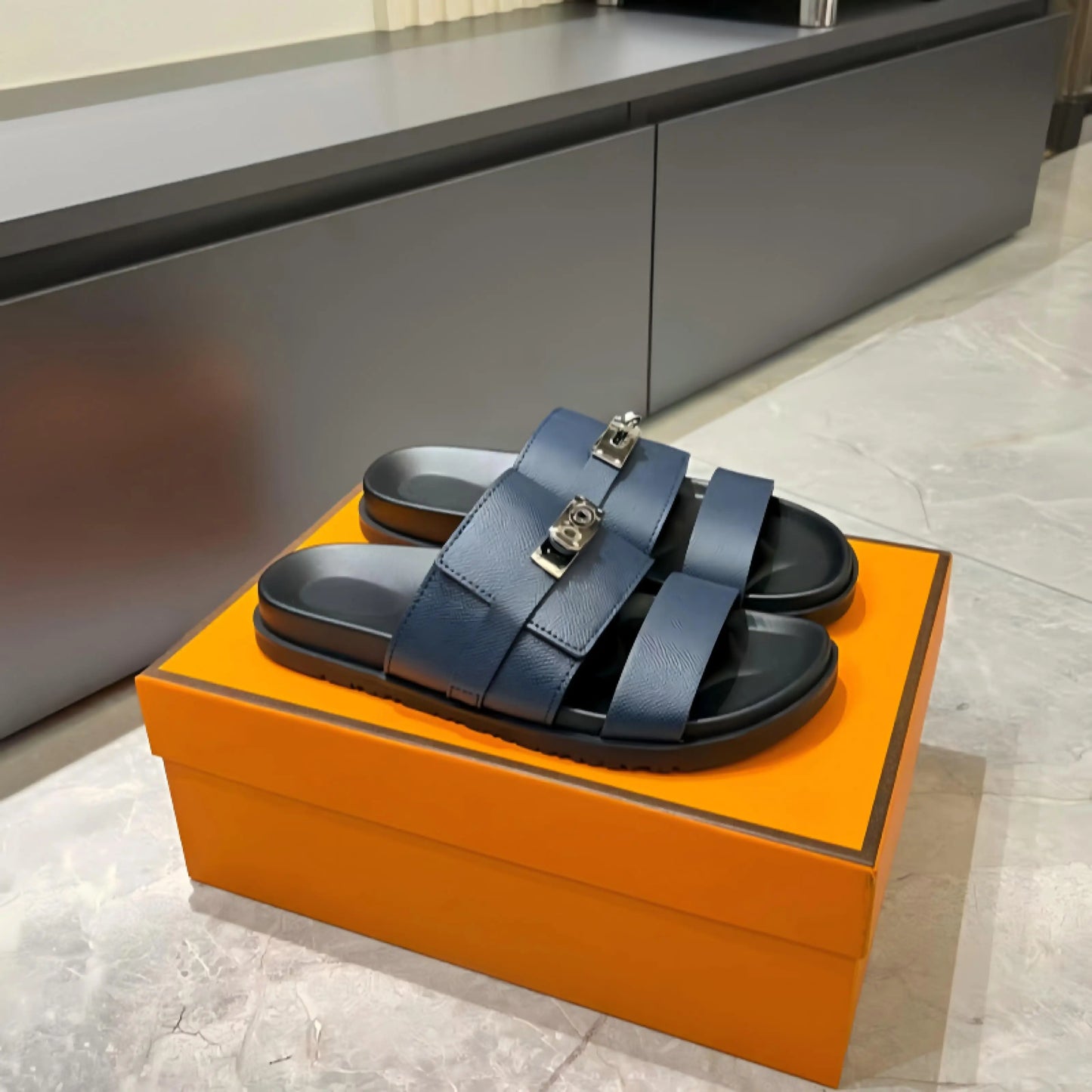 Luxury Women’s Leather Buckle Slide Sandals