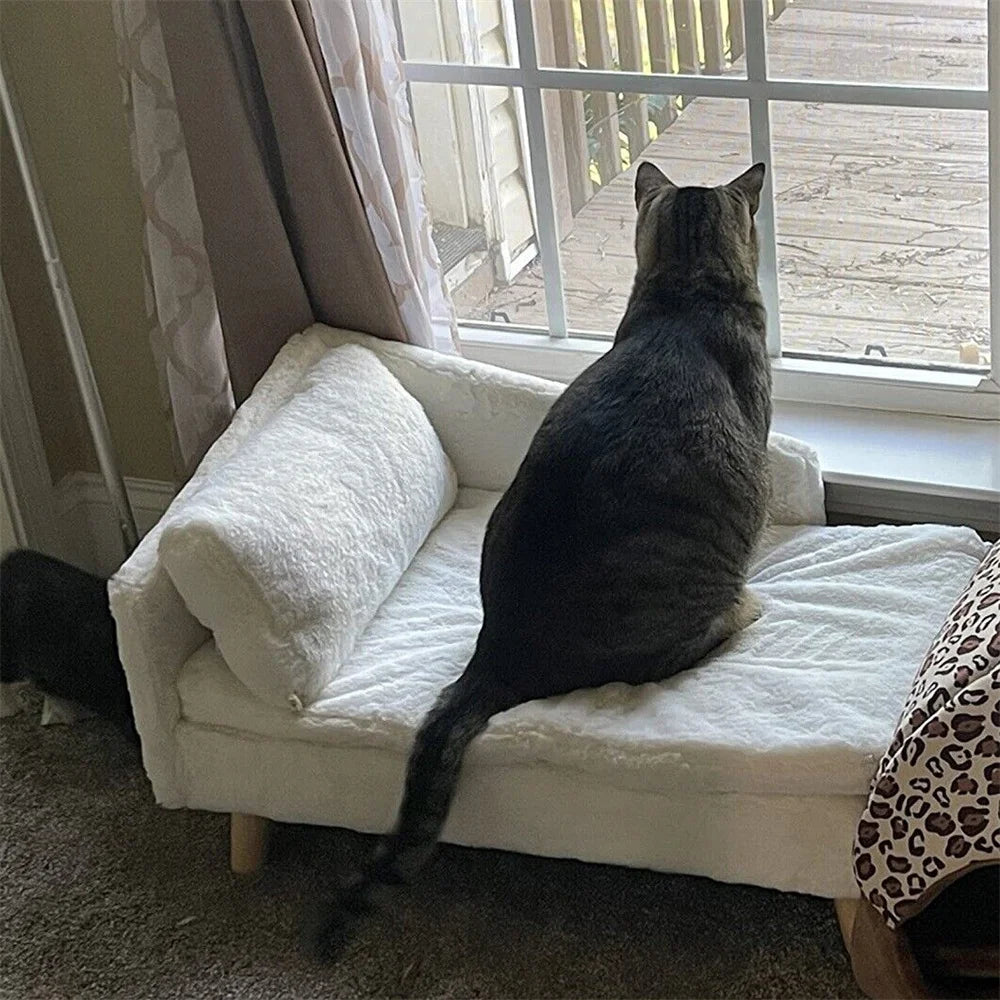 Luxury Elevated Dog Sofa Bed with Backrest Plush Cushion Wooden Legs Raised Dog Bed Lounger Chair for Small Medium Dog Cat Chair