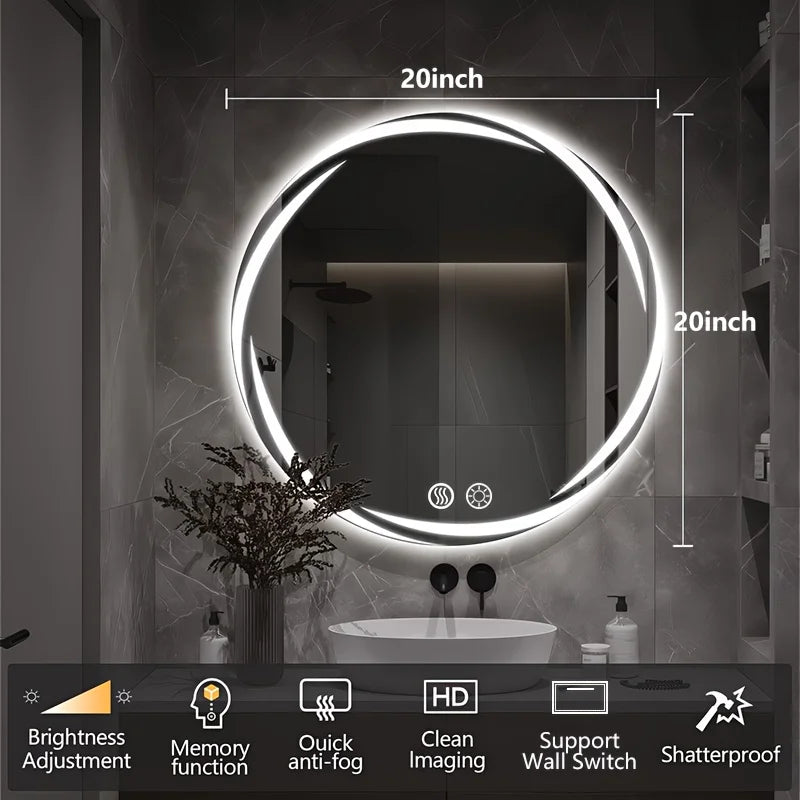 Circular LED Bathroom Mirror with Integrated Lighting | Anti-Fog Technology | Touch-Sensitive Dimmable | HD Makeup And Shaving Mirror | Wall-Mounted Vanity with Memory Function | US Standard Plug/Switch | 20" Diameter | Moder