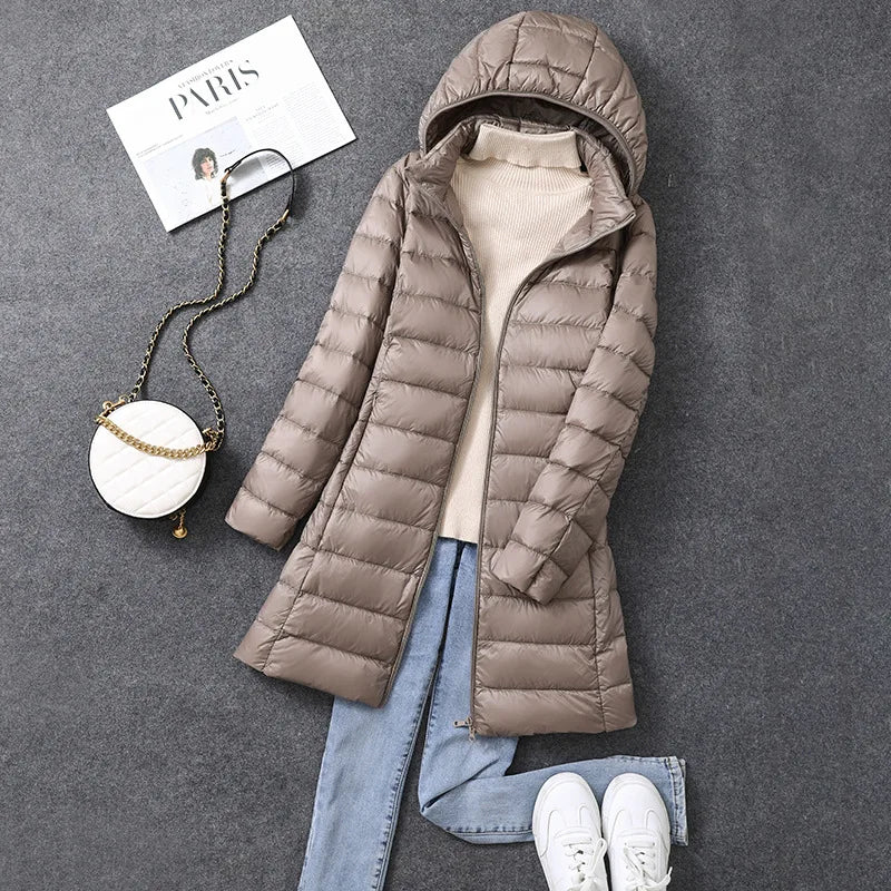Women's Long Hooded Puffer Jacket – Lightweight Quilted Winter Coat with Detachable Hood