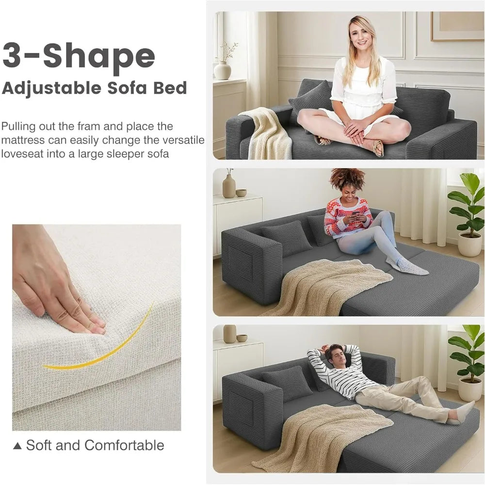 75 Inch Corduroy Foldable Sofa Bed With Pull Out Sleeper
