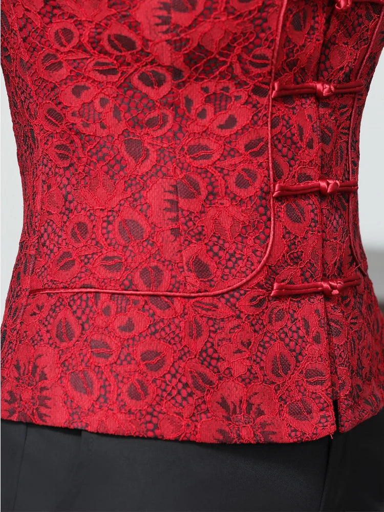 Autumn Winter Velvet Lace Floral Cheongsam Top Jacket Women
