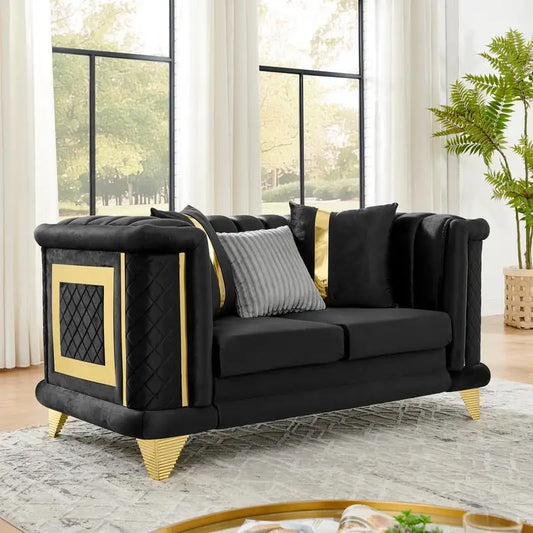69" Velvet Loveseat Luxury Sofa with Gold Steel Trims and Embroidered Texture, Mid-Century Modern Victorian Tufted Couch for