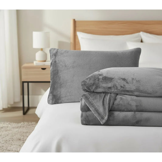 Luxury 4-Piece Velvet Flannel Sheet Set - Ultra Soft, Warm & Anti-Static - California King Size Gray