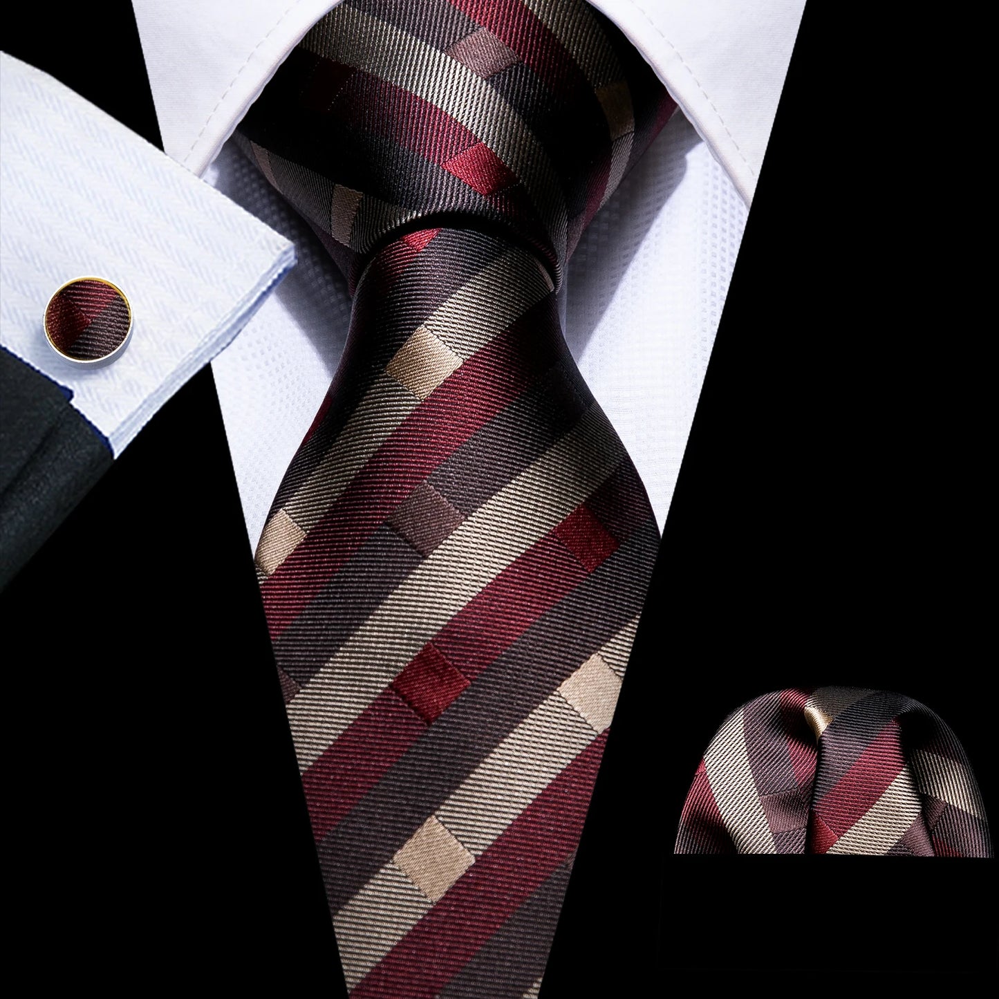 Men’s Luxury Red Striped Necktie Set. Silk Tie, Pocket Square & Cufflinks for Business, Wedding & Formal Wear