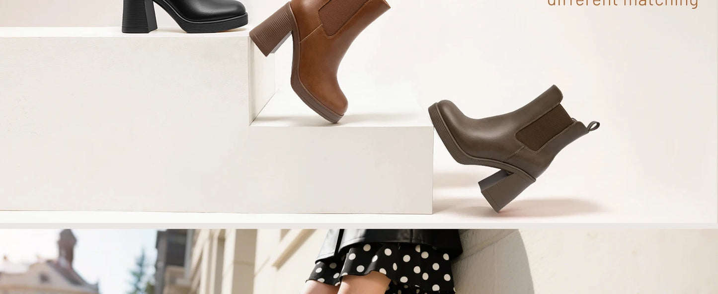 Athlefit Women's Chelsea Platform Boots High Chunky Heel Square Toe Boots Fashion Slip On Elastic Heeled Ankle Booties