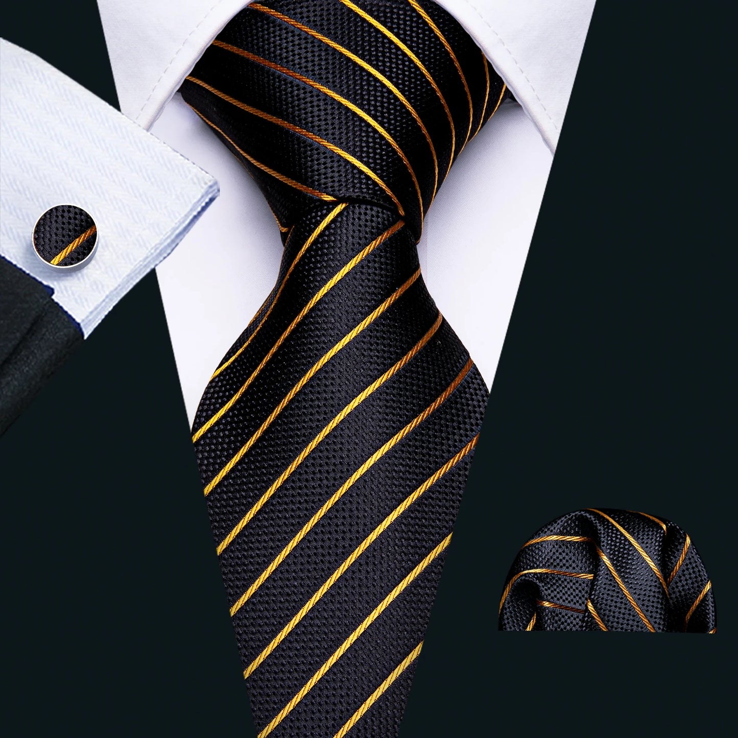 Men’s Luxury Red Striped Necktie Set. Silk Tie, Pocket Square & Cufflinks for Business, Wedding & Formal Wear