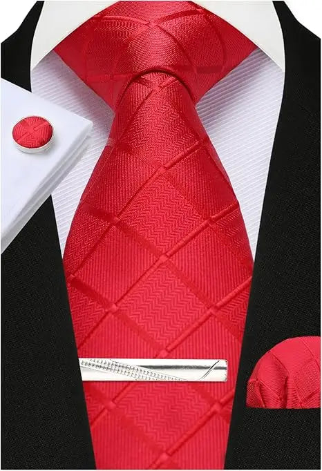 100% Silk Plaid & Checkered Men’s Tie Set with Pocket Square, Tie Clip & Cufflinks. Business & Wedding Necktie Gift Set  Optimized Description