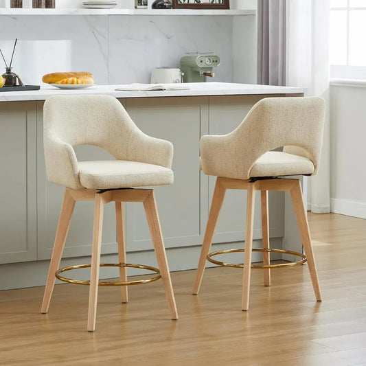 Swivel Counter Stools Set of 2, Raw Wood Tone Counter Height Bar Stools with Ergonomic Back, Soft Linen Fabric Island Chairs wi