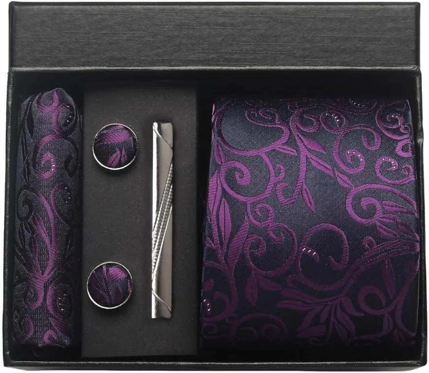 Luxury 100% Silk Paisley Floral Men’s Necktie Set | Business Tie with Matching Pocket Square & Formal Accessories