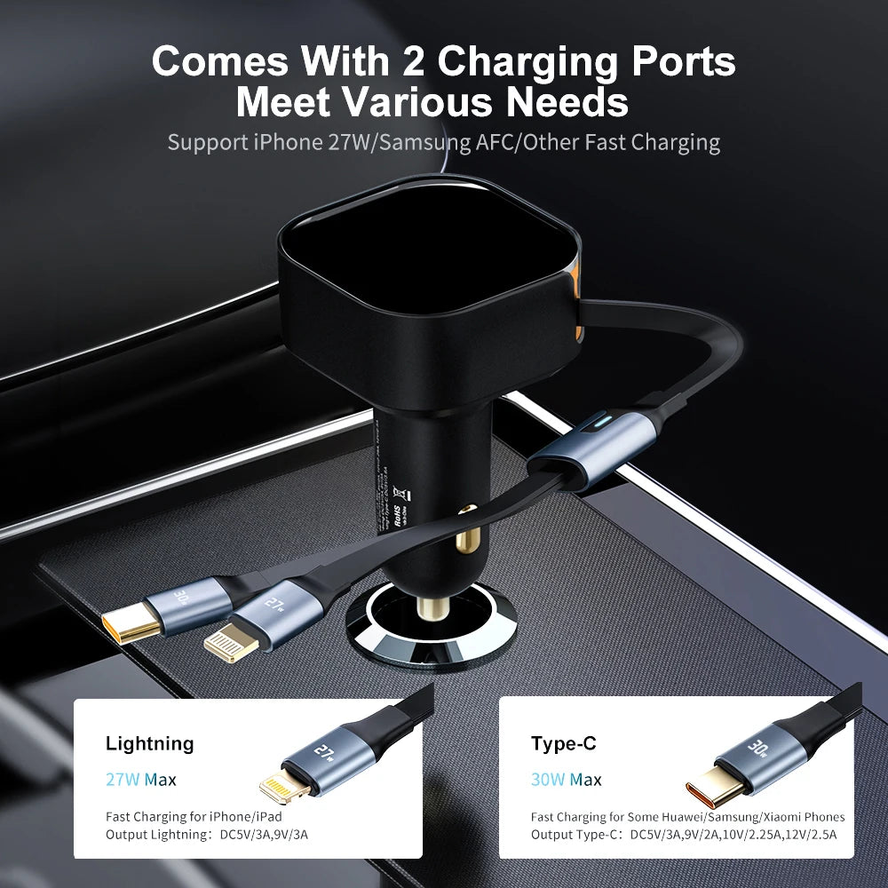 New Retractable Line Mobile Phone Car Charger Cigarette End Port Car Charging Point Super Fast Charging Xiaomi Huawei Apple 15