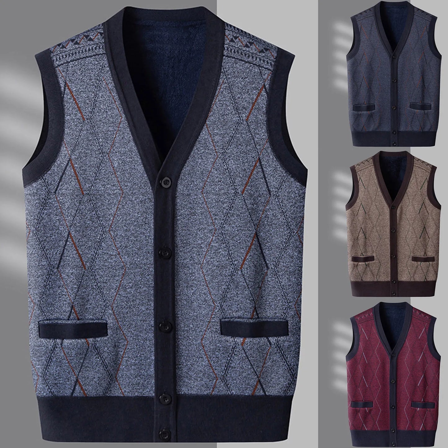 Men’s Vintage Knit Sweater Vest Warm Fleece Lined Casual Winter Outerwear