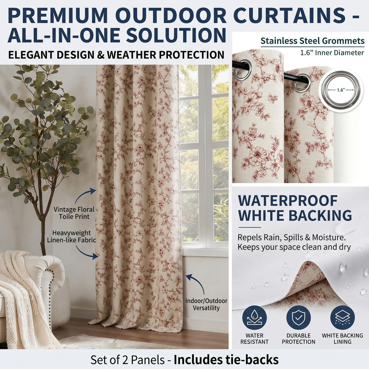 2-Panel Floral Print Blackout Curtains | Grommet Top Window Panels
