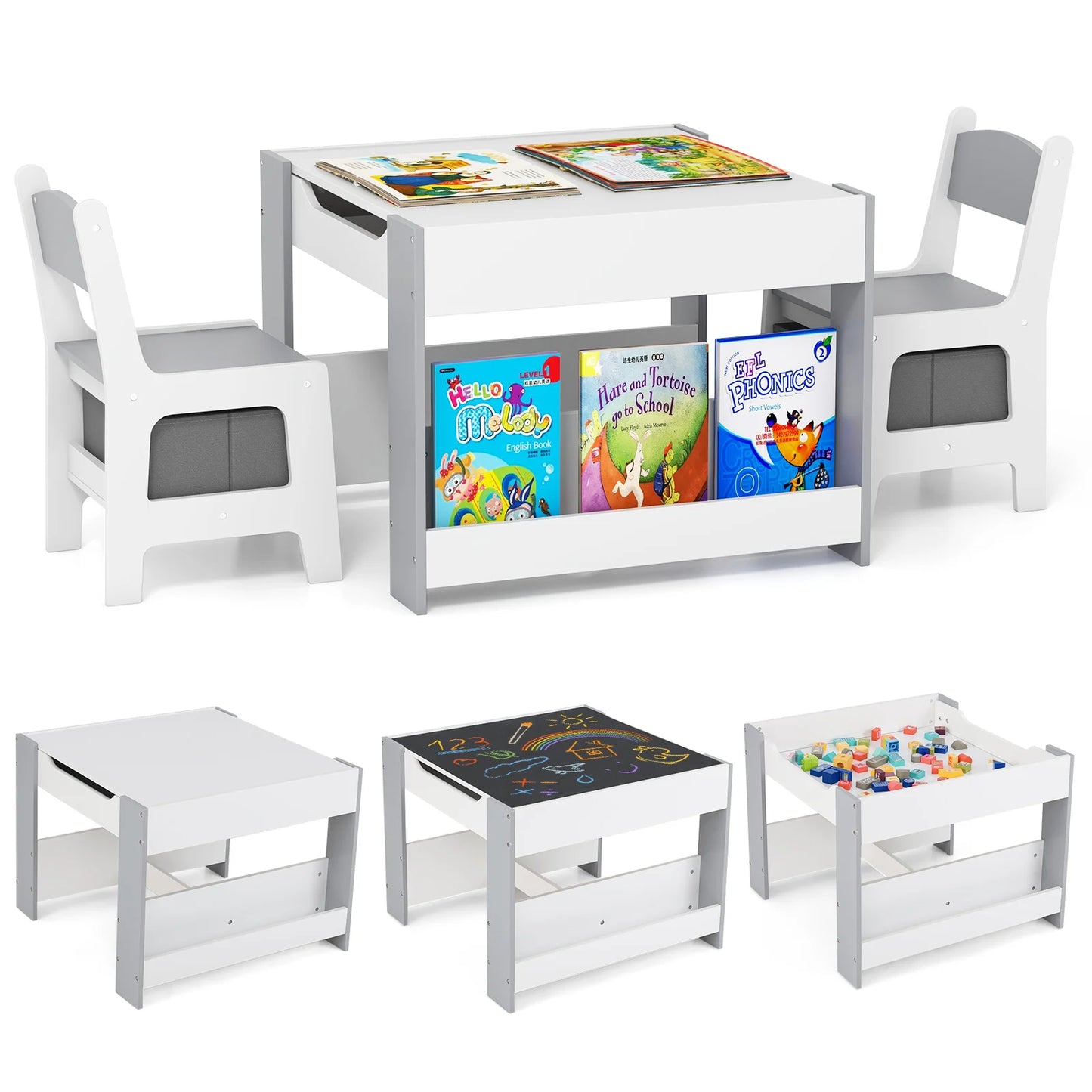 4-in-1 Kids Activity Table & Chair Set with Bookshelves and Storage Bins