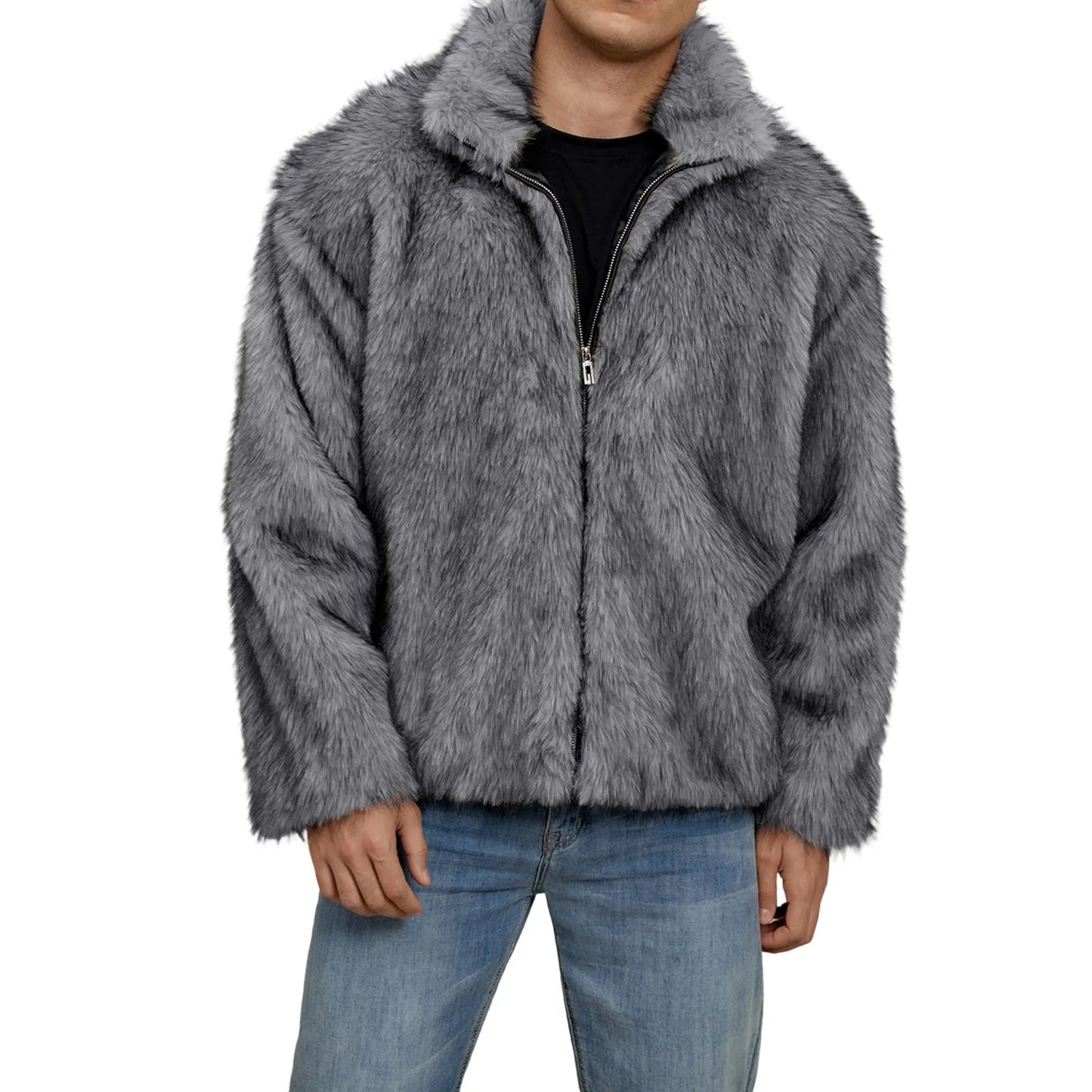 Men s Faux Fur Jacket Winter Thick Long Sleeve Stand Collar Loose Zip Up Coat Overcoat Warm Outwear Windbreaker Coat