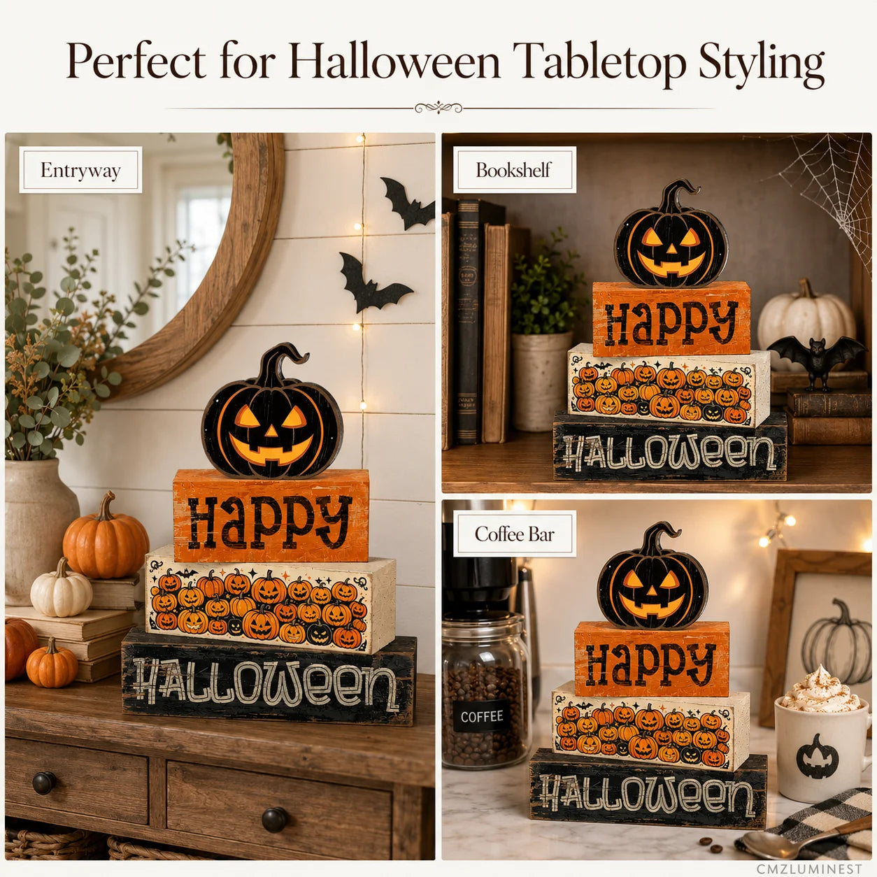 4-Piece Halloween Tiered Tray Décor Set . Rustic Farmhouse Wooden Signs for Halloween Home, Kitchen & Coffee Bar Decorations