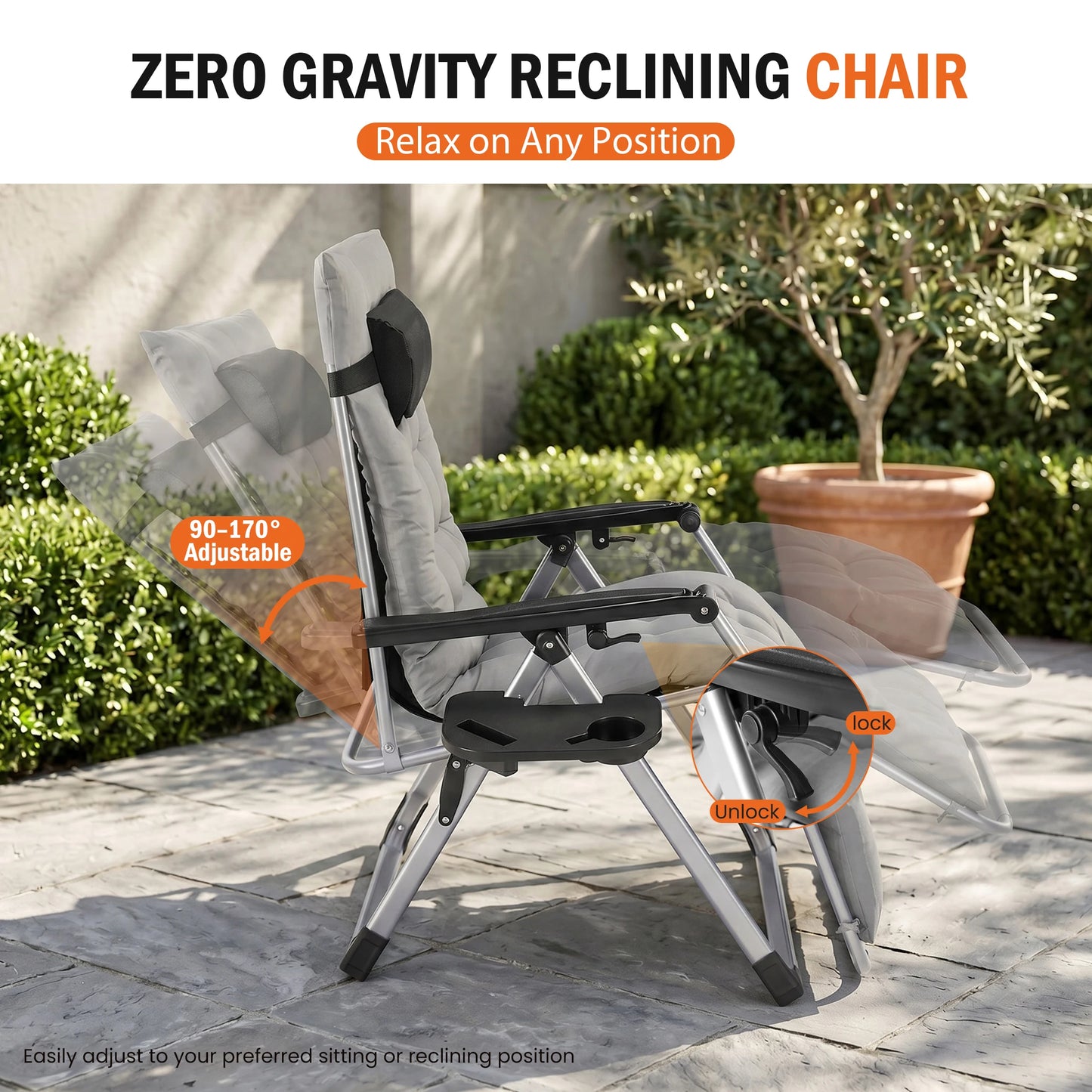 JHK Zero Gravity Reclining Lounge Chair – Foldable Outdoor Camping Chair with Soft Cushion & Adjustable Recline