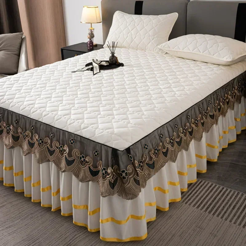 Elegant Embroidered Lace Quilted Bed Skirt Set