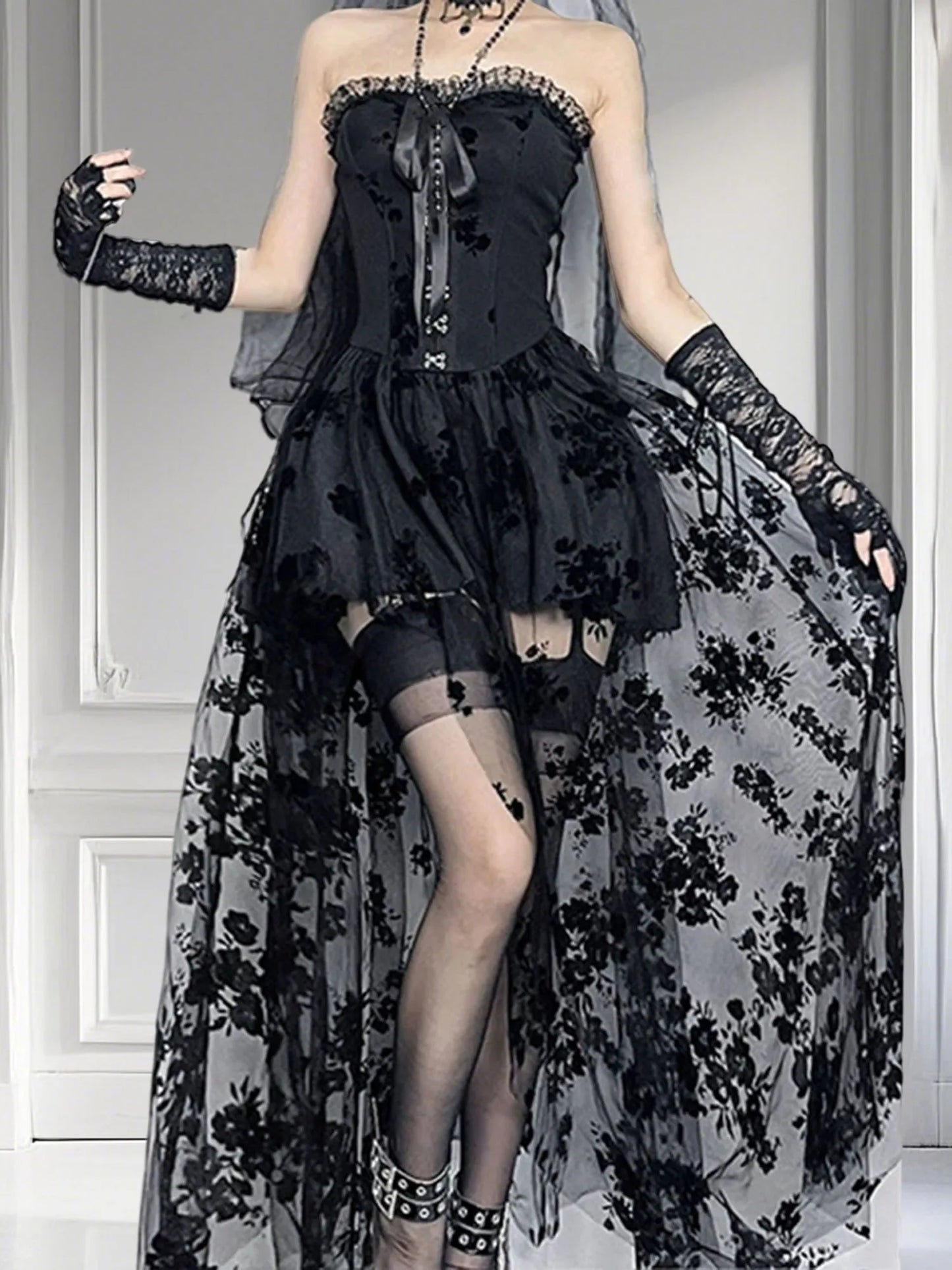 Black Lace Off Shoulder Maxi Dress for Women Vintage Victorian Gothic Embroidered Sleeveless A-Line Gown with Mesh Insets