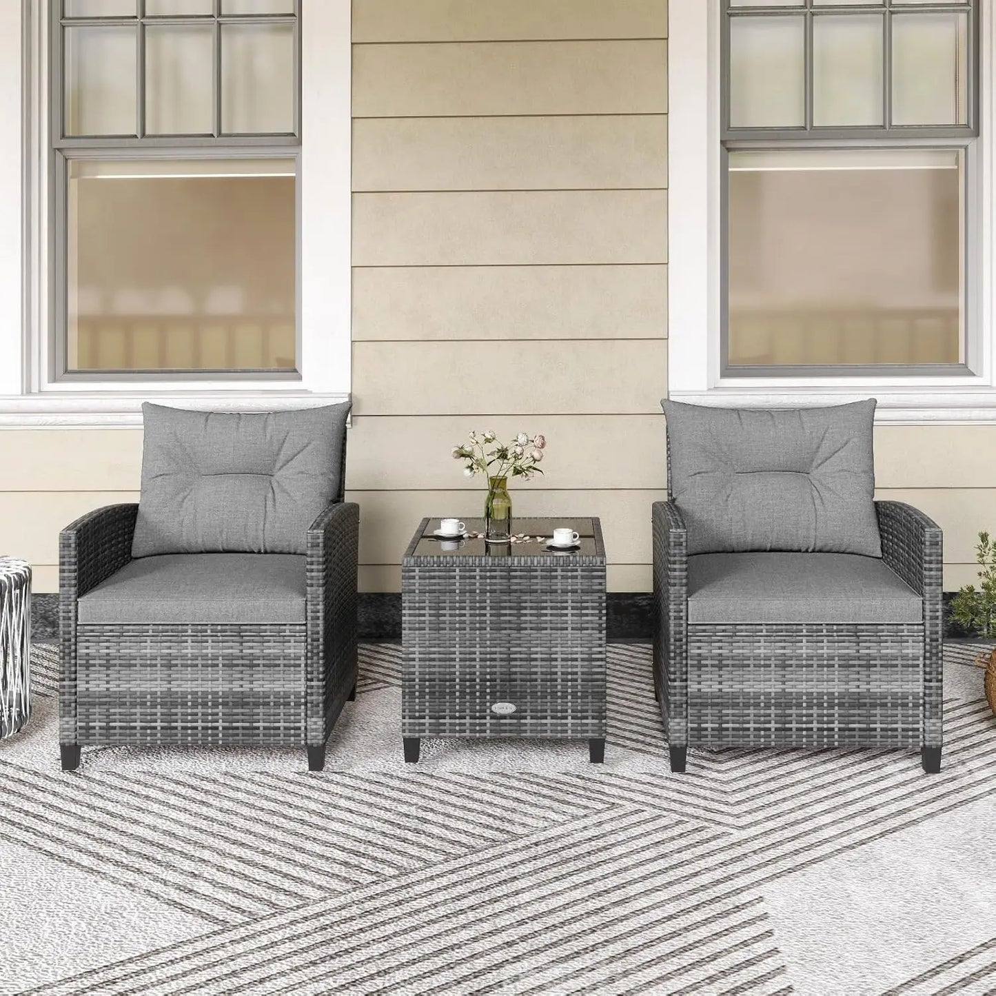 Modern 3 Piece Outdoor Patio Conversation Set with Cushioned Chairs and Coffee Table