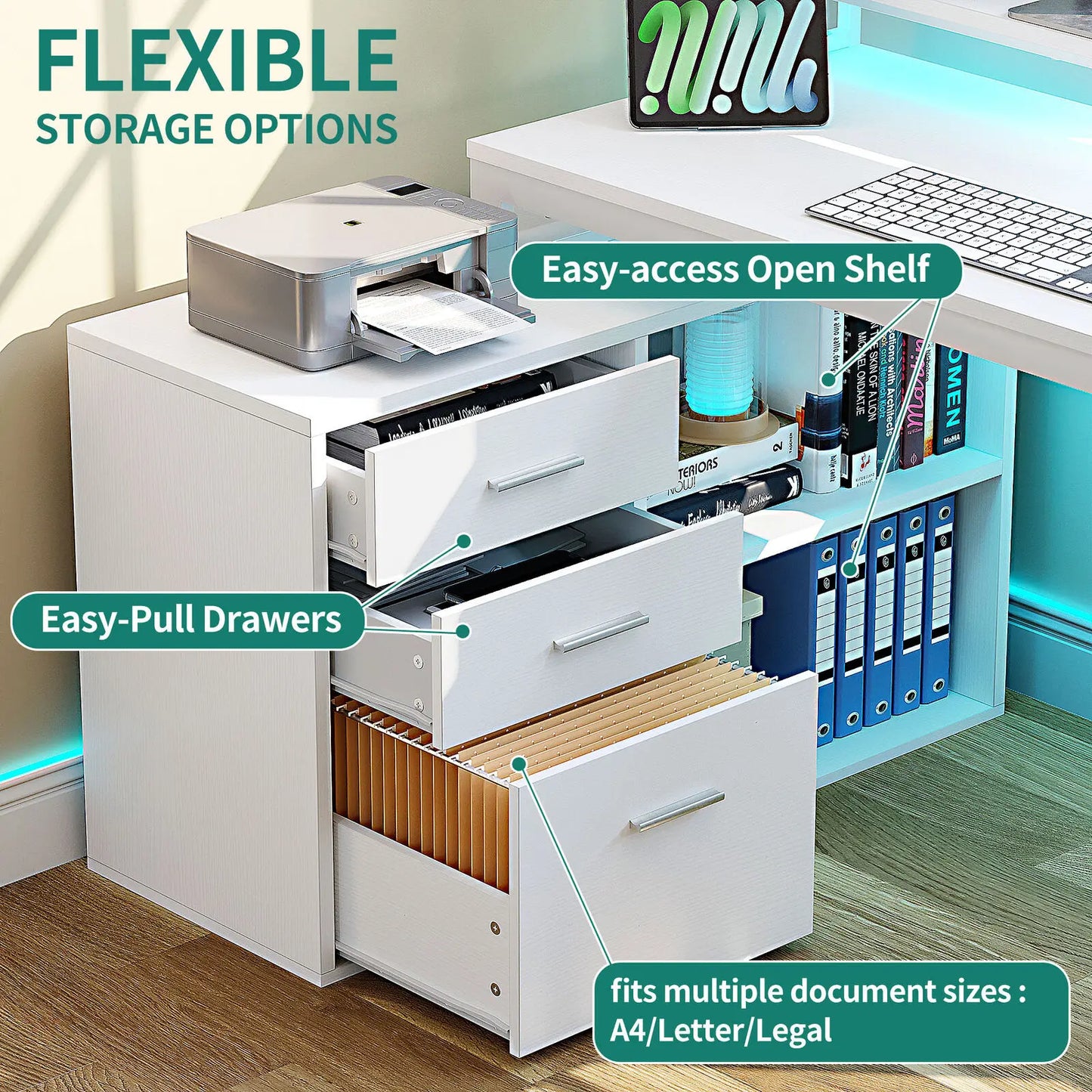 L-Shaped Gaming Computer Desk Home Office Desk File Drawers
