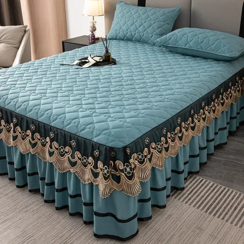 Elegant Embroidered Lace Quilted Bed Skirt Set