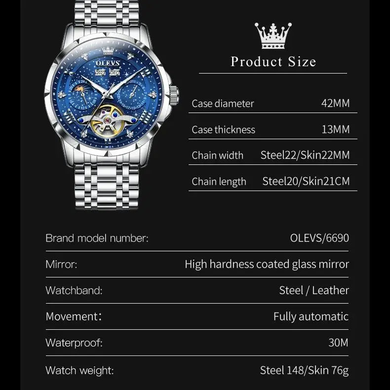 Men’s Luxury Skeleton Watch – Stainless Steel Starry Dial Design