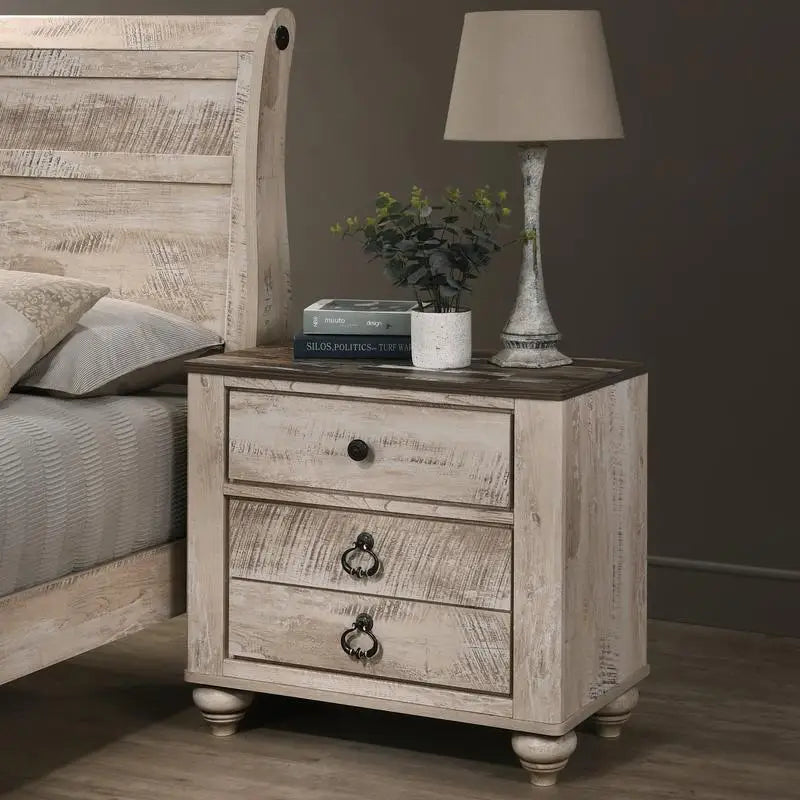 King Sleigh Bed Bedroom Set with White Wash Finish, Dresser, Mirror, 2 Nightstands