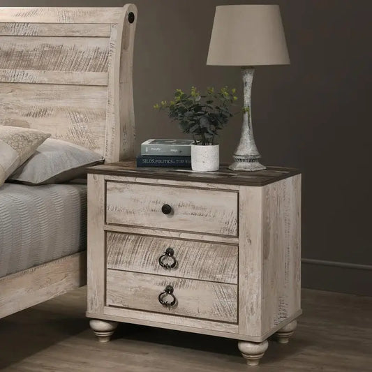 King Sleigh Bed Bedroom Set with White Wash Finish, Dresser, Mirror, 2 Nightstands