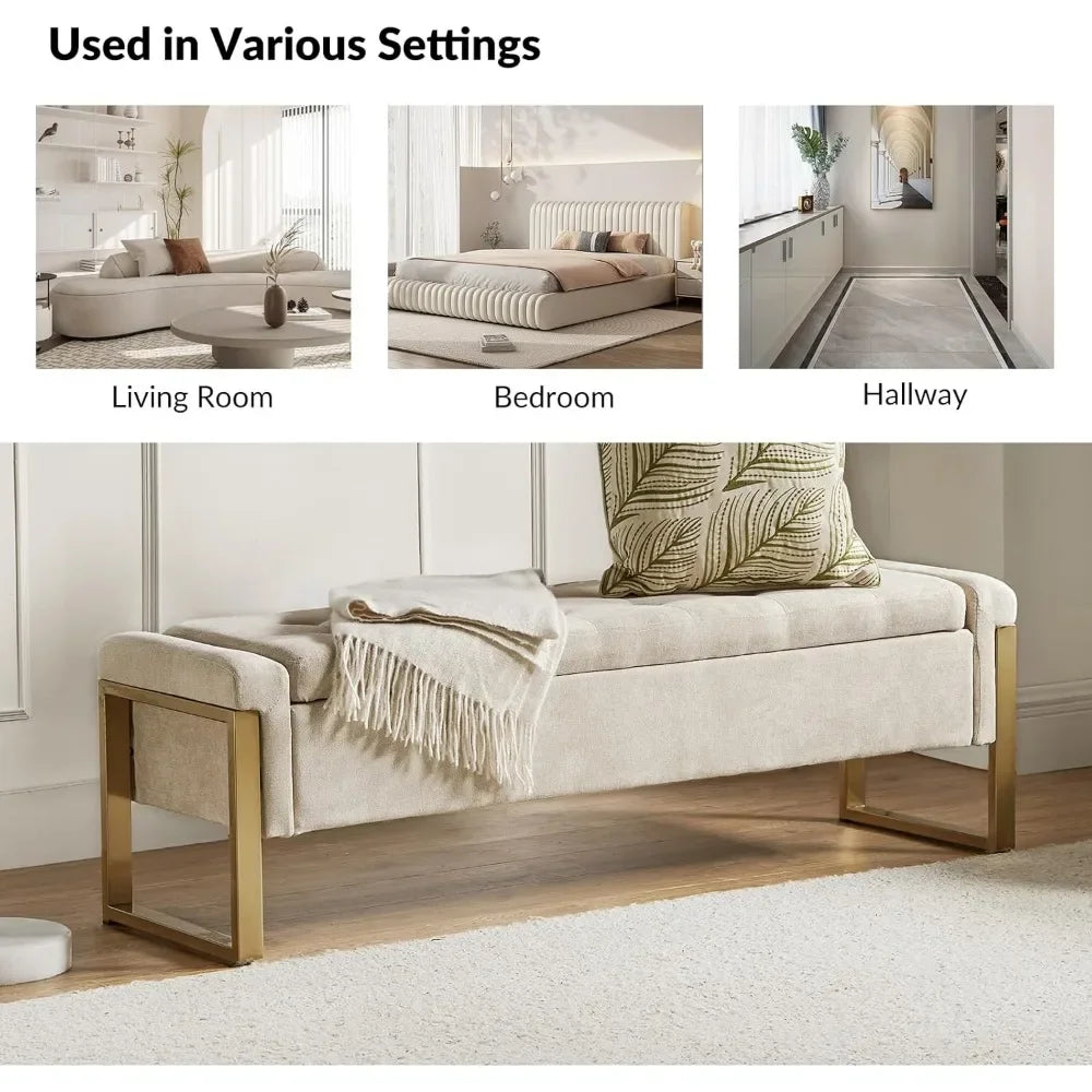 Modern Storage Ottoman Bedroom Bench, End of Bed Bench with Gold Metal Legs, Upholstered Footrest Stool for Living, Dining Room